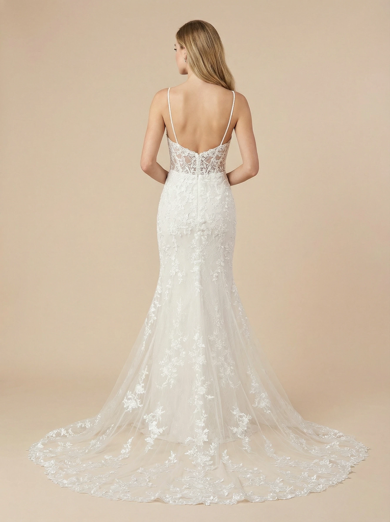 Spaghetti Straps Mermaid V-Neck Boning Maxi Long Lace Wedding Dresses Online