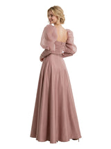 Modern Long A-Line Gown With Ruched Bodice Beaded Waist Classy Square Neck Puff-Sleeve Satin Prom Dress