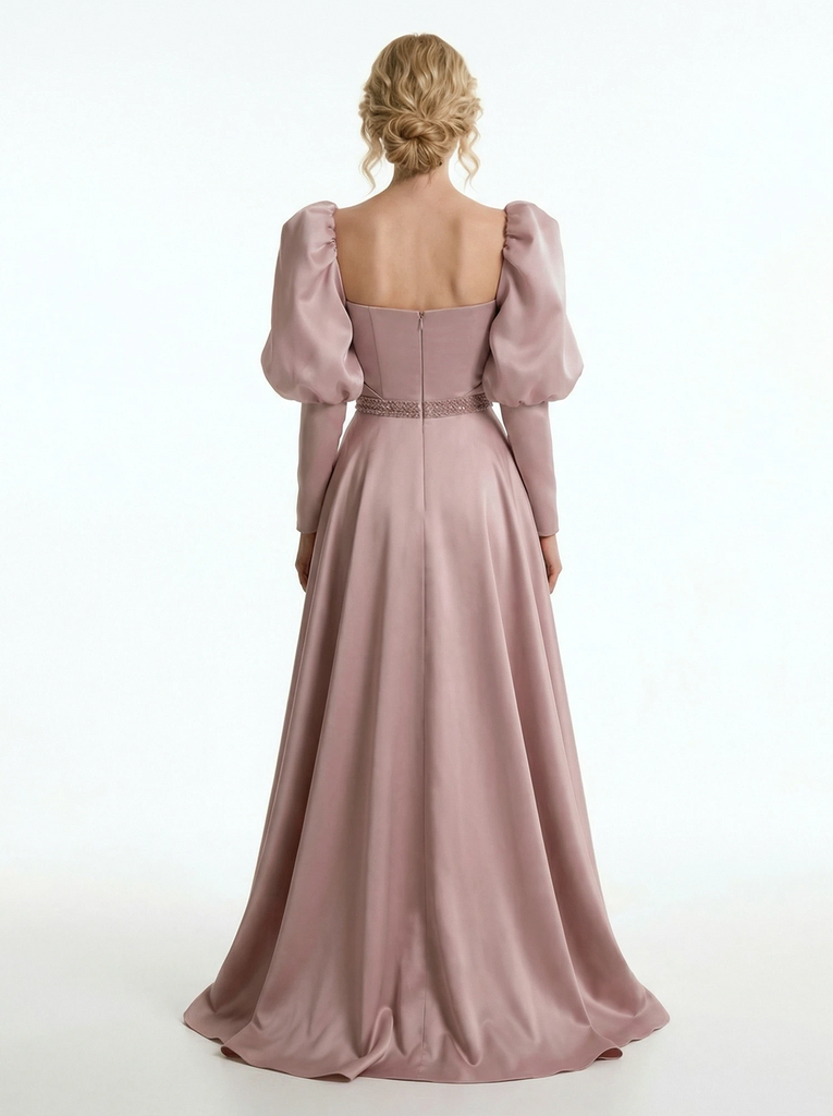 Sweet Satin Side Slit A-Line Long Sleeves Long Party Prom Dresses