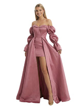 Unique Long Sleeves Off Shoulder A-Line Satin Cocktail Prom Gown Overskirt