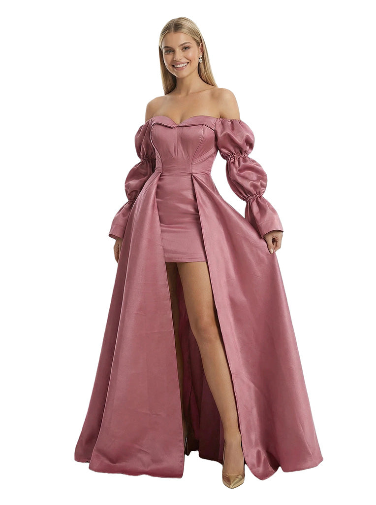 Unique Long Sleeves Off Shoulder A-Line Satin Cocktail Prom Gown Overskirt