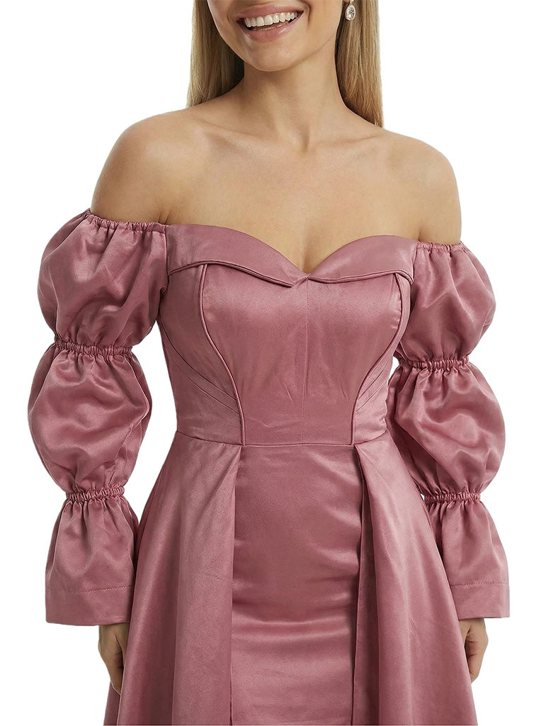 Unique Long Sleeves Off Shoulder A-Line Satin Cocktail Prom Gown Overskirt