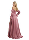 Unique Long Sleeves Off Shoulder A-Line Satin Prom Gown
