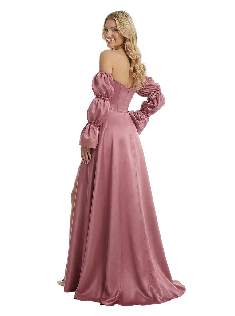 Unique Long Sleeves Off Shoulder A-Line Satin Prom Gown