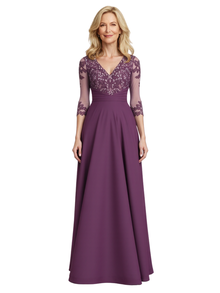 Elegant V-Neck Lace Chiffon Short Sleeves A-Line Floor Length Mother Of The Bride Gowns
