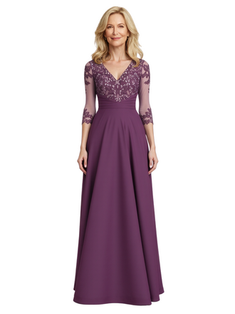 Elegant V-Neck Lace Chiffon Short Sleeves A-Line Floor Length Mother Of The Bride Gowns