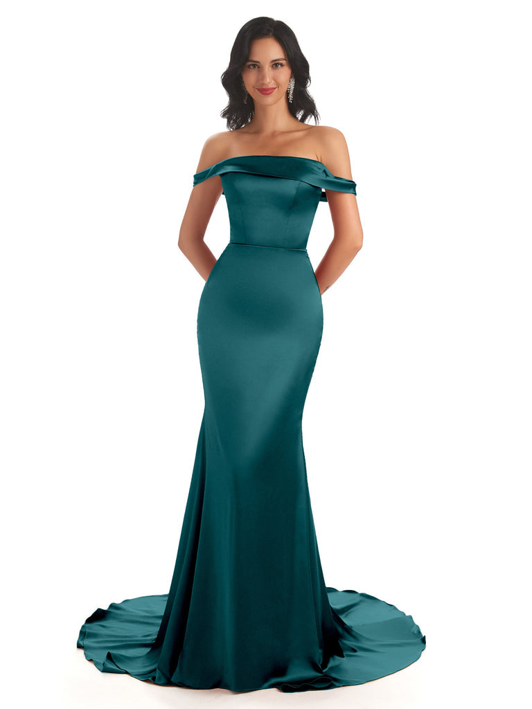 Elegant Soft Satin Off Shoulder Floor-Length Mermaid Bridesmaid Dresses In Stock