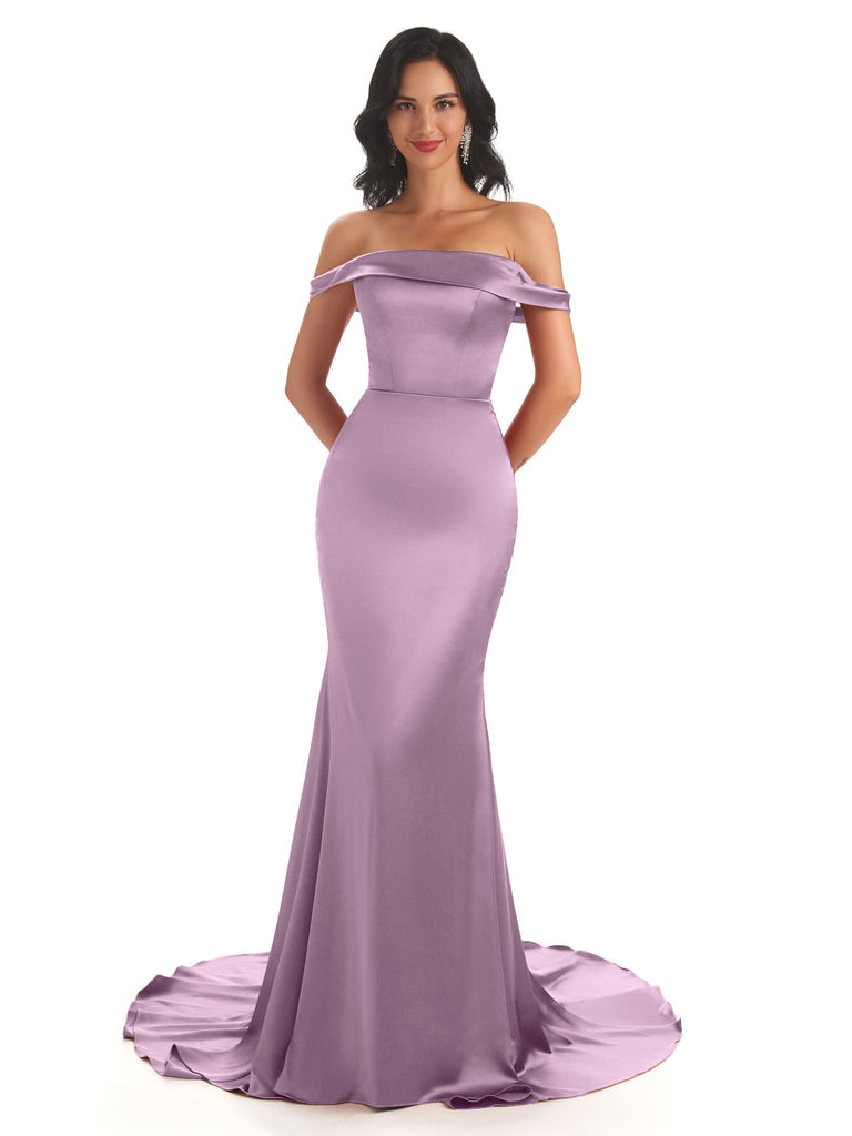 Elegant Soft Satin Off Shoulder Floor-Length Mermaid Bridesmaid Dresses In Stock