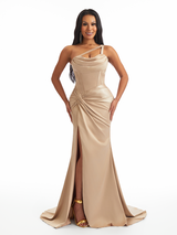 Sexy One Shoulder Side Slit Mermaid Soft Satin Twisted Knot Long Bridesmaid Dresses