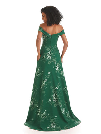 Trendy Off Shoulder A-Line Long Floral Satin Women Formal Evening Dresses