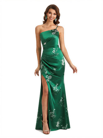 Simple One Shoulder Side Slit Sleeveless Mermaid Floral Satin Maxi Floral Formal Dresses For Women