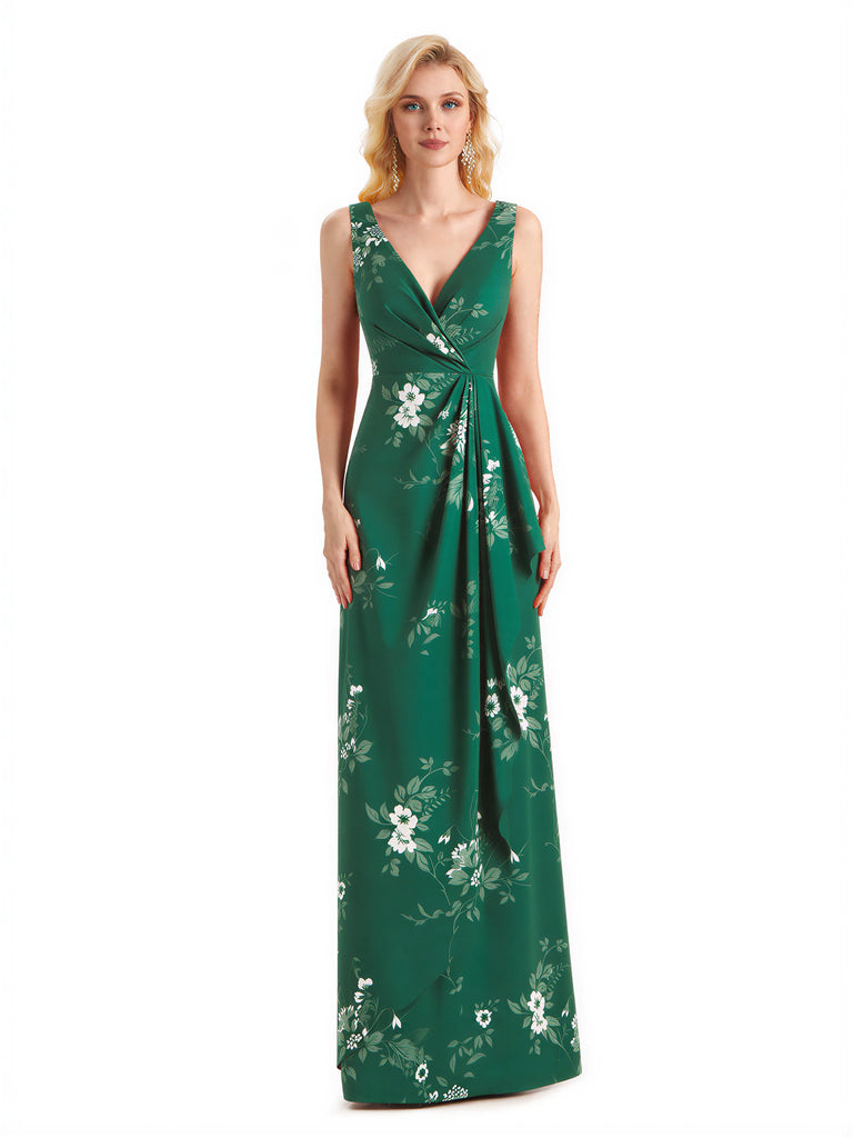Beautiful Mermaid V-Neck Floral Satin Maxi Floral Formal Dresses For Women