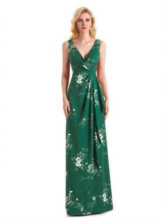 Beautiful Mermaid V-Neck Floral Satin Maxi Floral Formal Dresses For Women