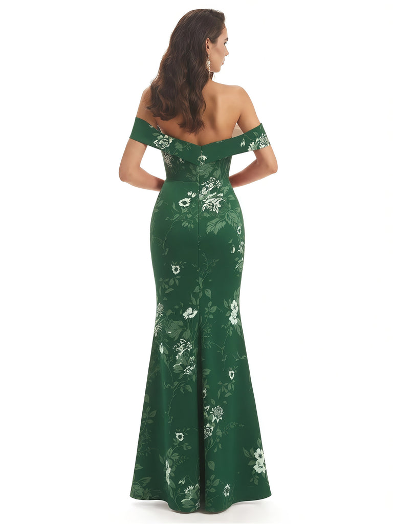 Elegant Off Shoulder Mermaid Floral Satin Maxi Floral Formal Evening Dresses