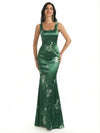 Elegant Spaghetti Straps Square Mermaid Long Satin Floral Formal Evening Dresses For Ladies