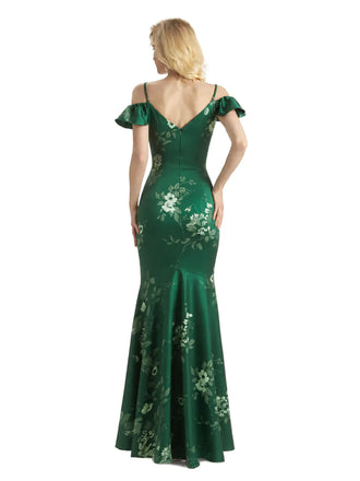 Beautiful Mermaid Cold Shoulder Floral Satin Maxi Floral Formal Dresses For Women