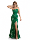 Elegant Strapless Side Slit Mermaid Long Satin Floral Formal Dresses For Women