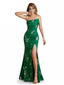 Elegant Strapless Side Slit Mermaid Long Satin Floral Formal Dresses For Women
