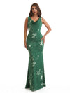 Elegant Spaghetti Straps Cowl Mermaid Long Satin Floral Formal Evening Dresses For Ladies