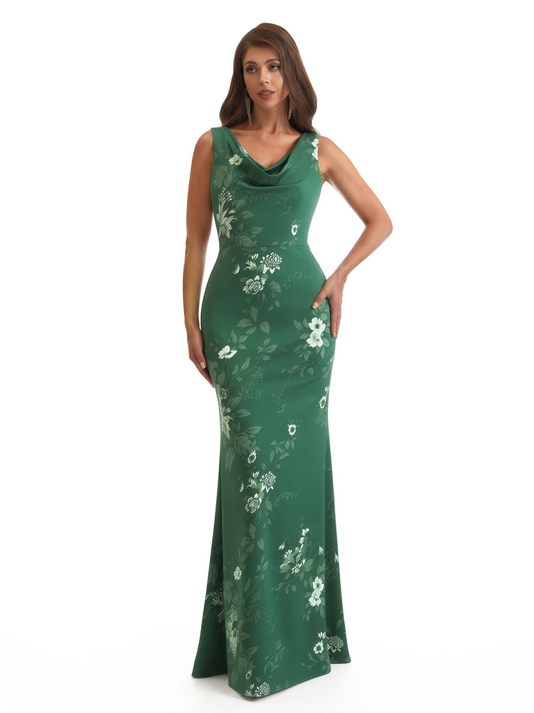 Elegant Spaghetti Straps Cowl Mermaid Long Satin Floral Formal Evening Dresses For Ladies