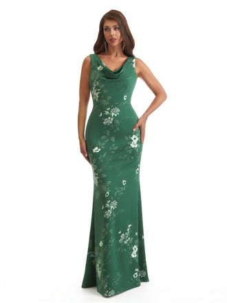 Elegant Spaghetti Straps Cowl Mermaid Long Satin Floral Formal Evening Dresses For Ladies