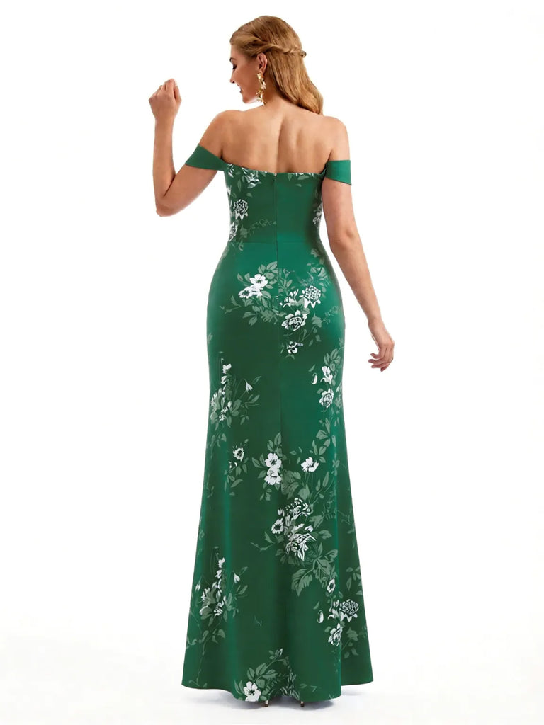 Beautiful Off Shoulder Side Slit Mermaid Floral Satin Maxi Floral Formal Dresses For Women