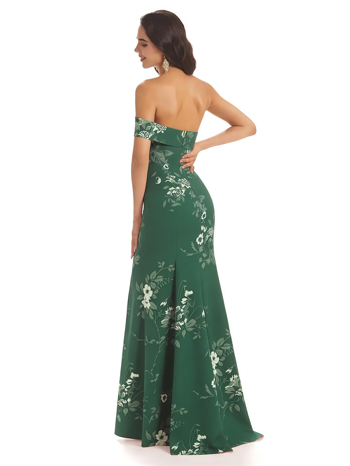 Sexy One Shoulder Sleeveless Mermaid Long Satin Floral Formal Dresses For Women