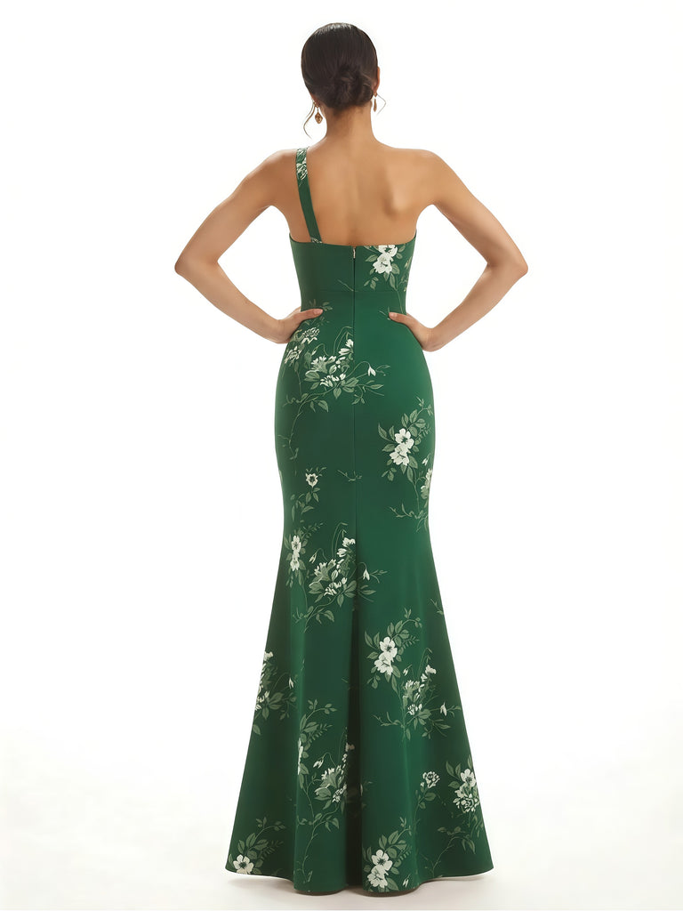Elegant One Shoulder Side Slit Mermaid Floral Satin Maxi Floral Formal Dresses For Women