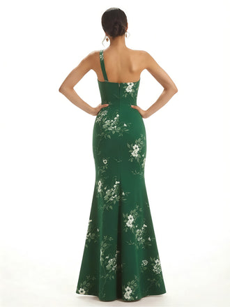 Elegant One Shoulder Side Slit Mermaid Floral Satin Maxi Floral Formal Dresses For Women