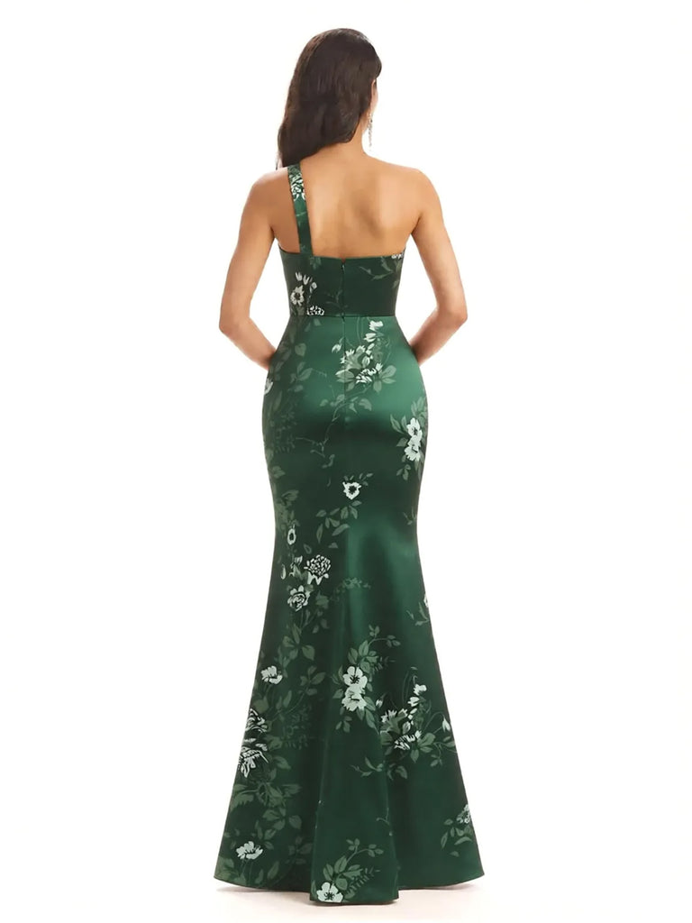 Sexy One Shoulder Side Slit Mermaid Satin Floral Formal Dresses For Women