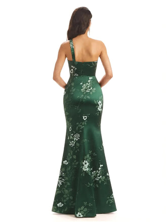 Sexy One Shoulder Side Slit Mermaid Satin Floral Formal Dresses For Women