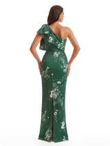Elegant One Shoulder Mermaid Long Satin Floral Formal Dresses For Women With Back Slit