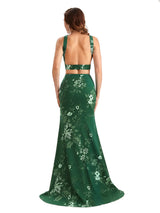 Beautiful Mermaid Halter Two Pieces Floral Satin Maxi Floral Formal Dresses For Women