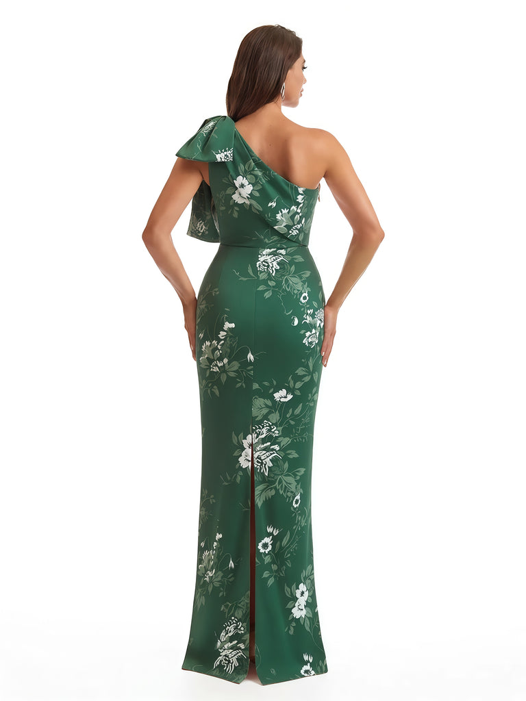Elegant One Shoulder Mermaid Long Satin Floral Formal Dresses For Women With Back Slit