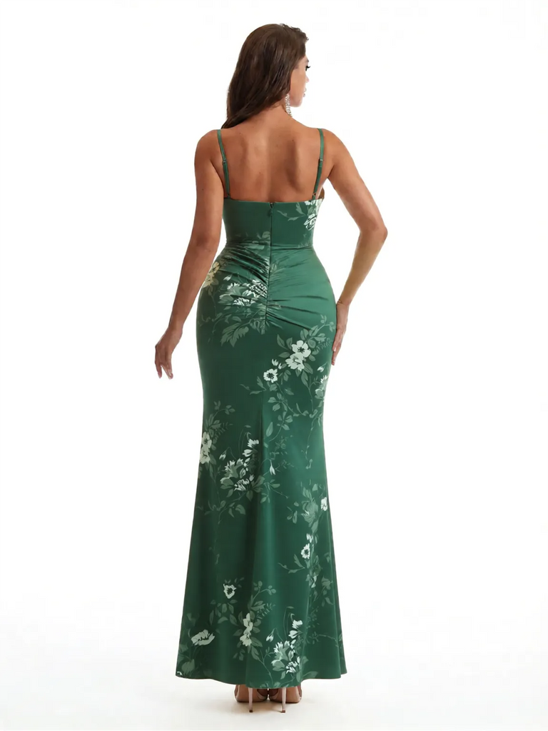 Simple Spaghetti Straps Slit Mermaid Floral Satin Maxi Floral Formal Dresses For Women