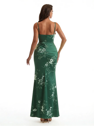 Simple Spaghetti Straps Slit Mermaid Floral Satin Maxi Floral Formal Dresses For Women