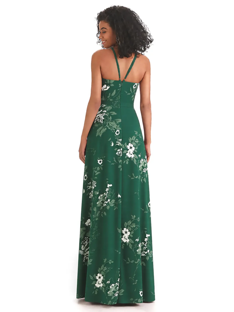 Sexy Spaghetti Straps A-line Long Satin Floral Formal Dresses For Women