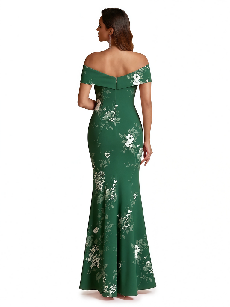 Sexy Off Shoulder Mermaid Long Satin Floral Formal Dresses For Women