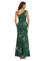 Elegant One Shoulder Mermaid Side Slit Long Satin Floral Formal Dresses For Women