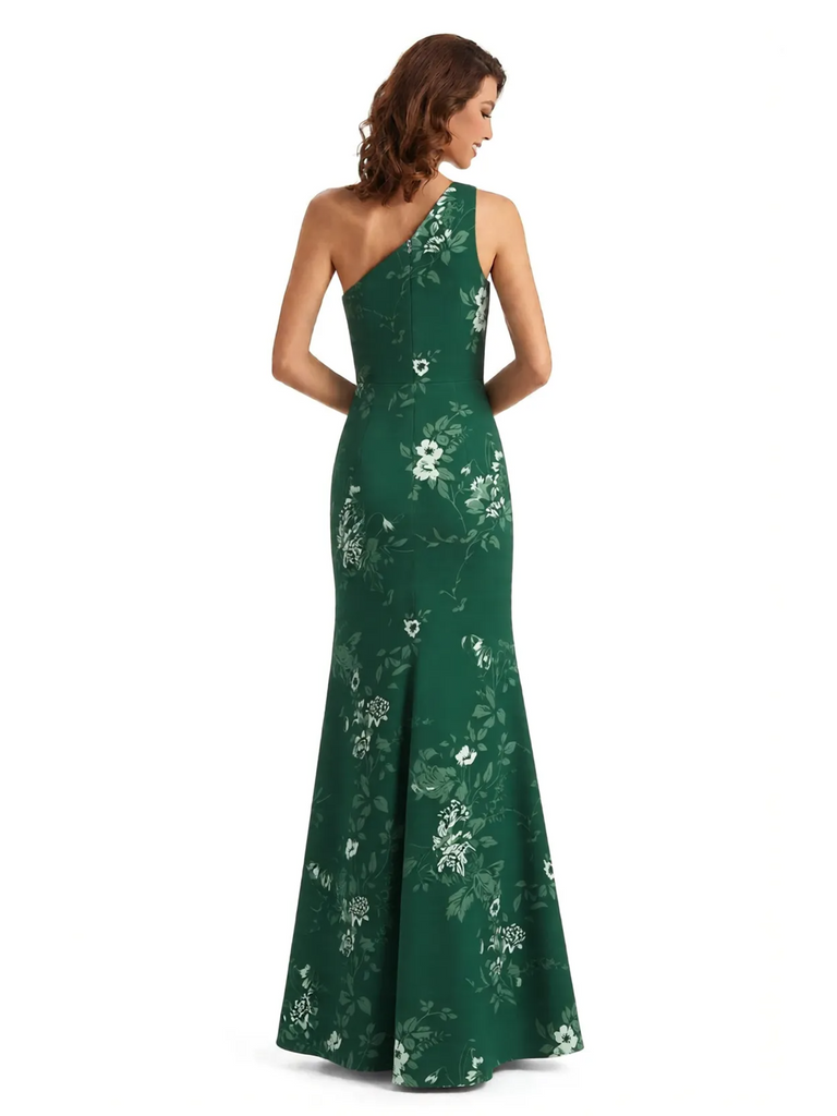 Simple One Shoulder Side Slit Mermaid Floral Satin Maxi Floral Formal Dresses For Women