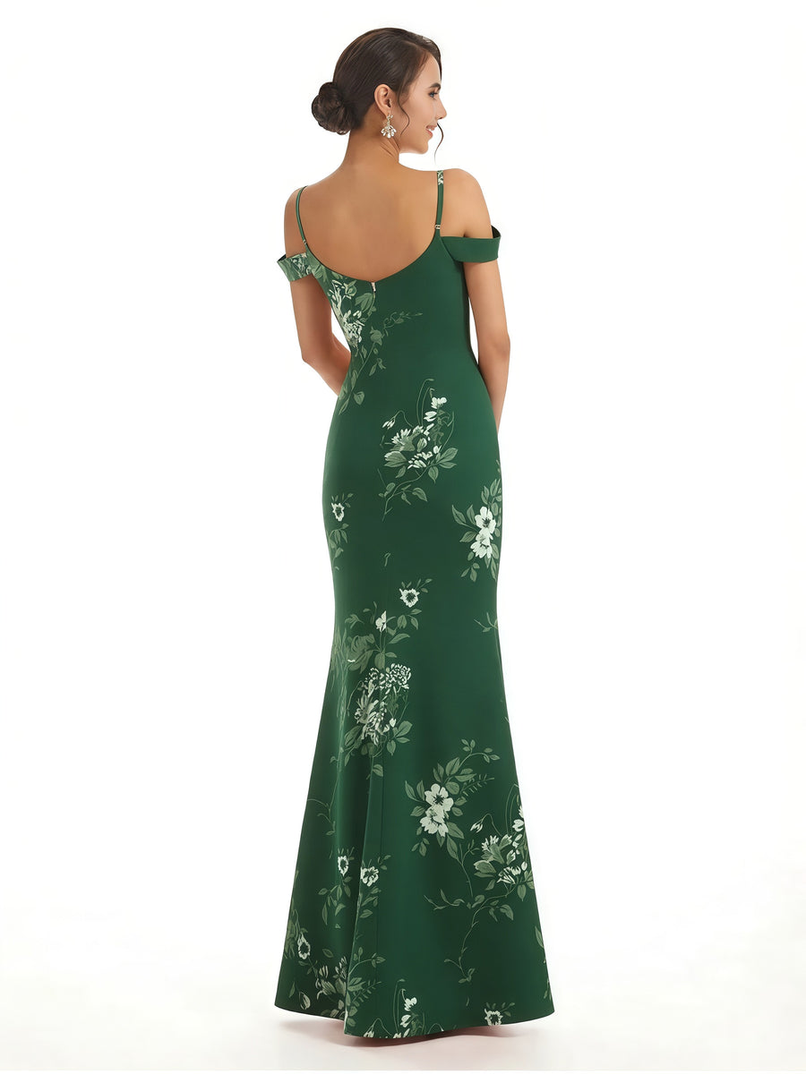 Trendy Cold Shoulder Side Slit Mermaid Floral Satin Maxi Floral Formal Dresses For Ladies