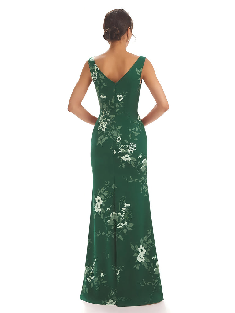 Trendy V-Neck Mermaid Floral Satin Maxi Floral Formal Evening Dresses For Women