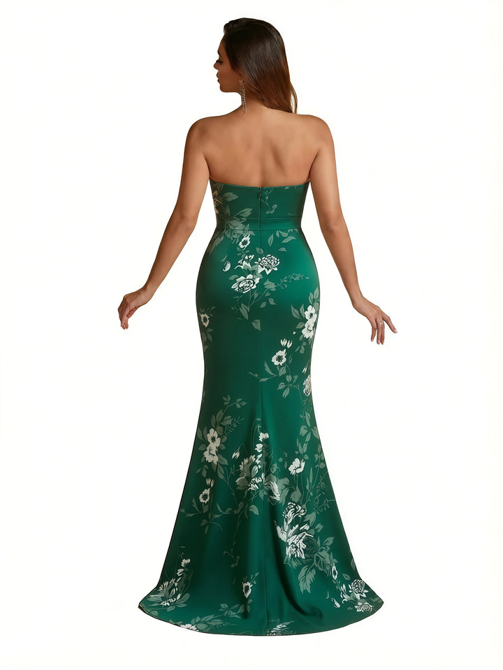 Trendy Sweetheart Strapless Side Slit Mermaid Long Satin Floral Formal Dresses For Women