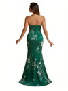 Trendy Sweetheart Strapless Side Slit Mermaid Long Satin Floral Formal Dresses For Women
