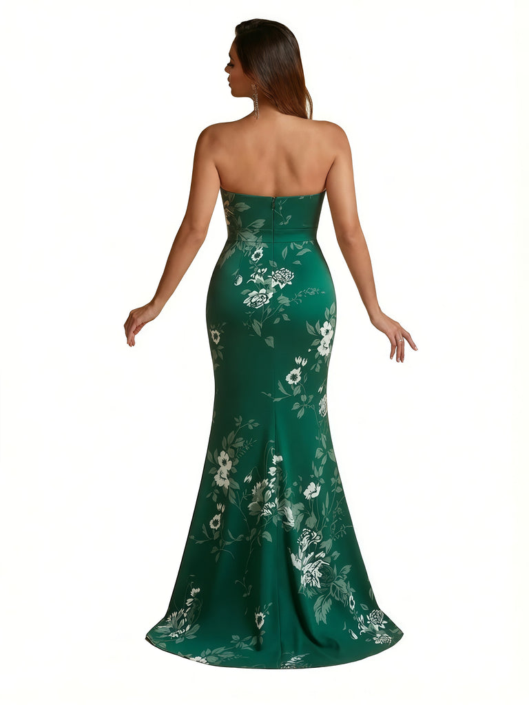 Trendy Sweetheart Strapless Side Slit Mermaid Long Satin Floral Formal Dresses For Women