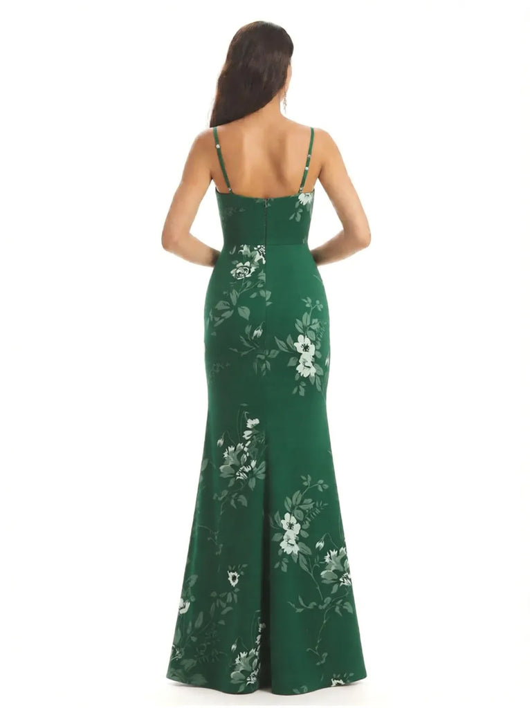 Elegant Spaghetti Straps Side Slit Mermaid Floral Satin Maxi Floral Formal Dresses For Women