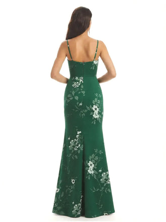 Elegant Spaghetti Straps Side Slit Mermaid Floral Satin Maxi Floral Formal Dresses For Women