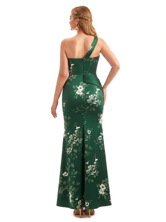 Beautiful One Shoulder Side Slit Mermaid Floral Satin Maxi Floral Formal Dresses For Women