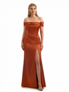 Sexy Off The Shoulder Side Slit Mermaid Ruched Satin Long Formal Dresses With Bonings
