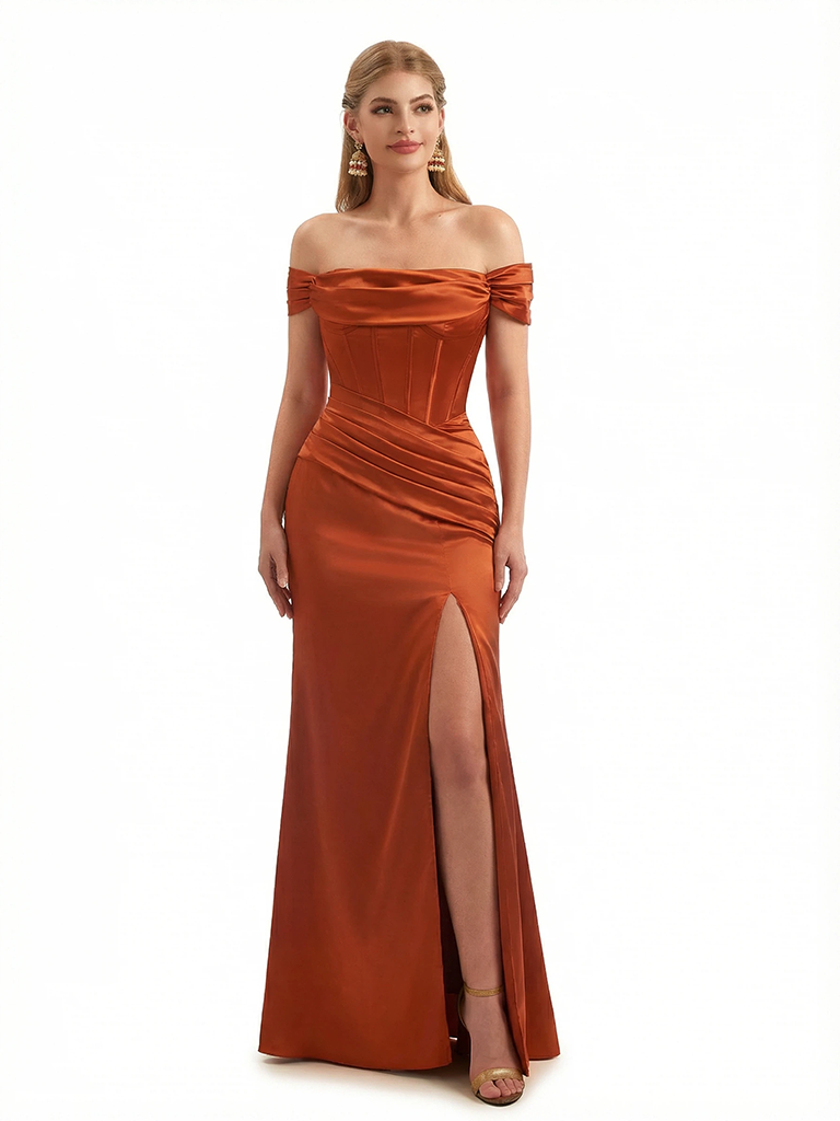 Sexy Off The Shoulder Side Slit Mermaid Ruched Satin Long Formal Dresses With Bonings